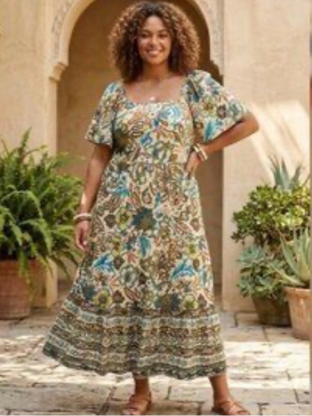 Cato Tiered Floral Puff Sleeve Maxi Dress in Teal, Brown & Cream Womens Size XL
